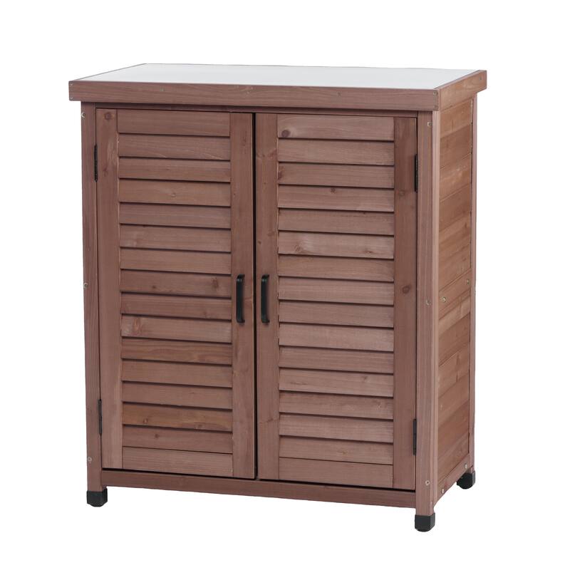GDF Studio - Outdoor Wooden Potting Bench with Metal Tabletop Workstation and Storage Cabinet