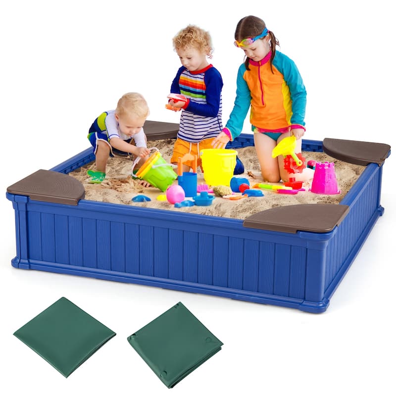Gymax Kids Outdoor Sandbox 48.5'' x 48.5'' x 12.5'' Large HDPE Sandpit - Blue
