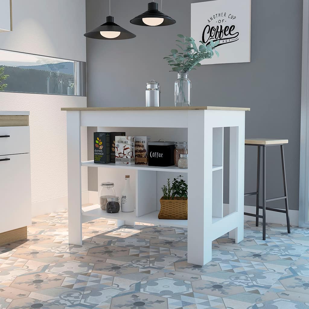 Cala Kitchen Island, Four Legs, Three Shelves -White / Light Oak