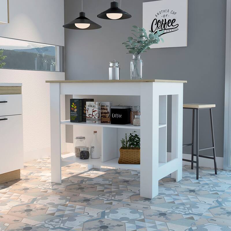 Cala Kitchen Island, Four Legs, Three Shelves