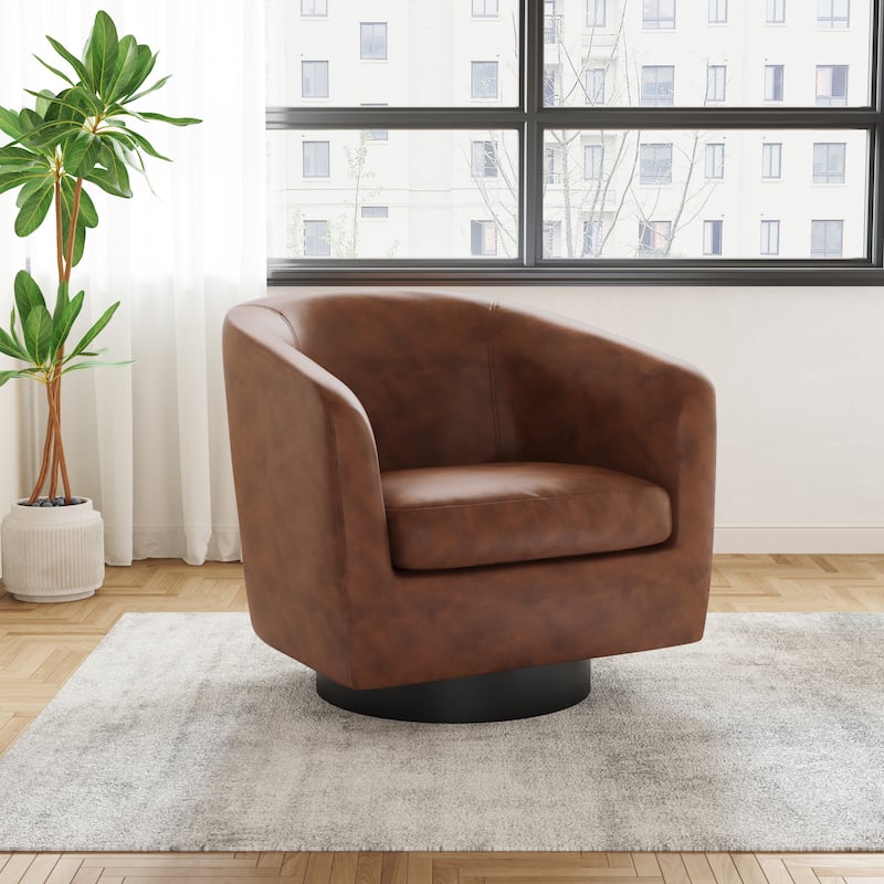 Faux Leather Wide Seat Swivel Barrel Chair - Single - Coffee