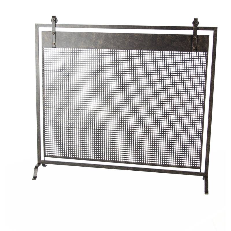 Black Metal Suspended Grid Single Panel Geometric Fireplace Screen with Bolted Detailing