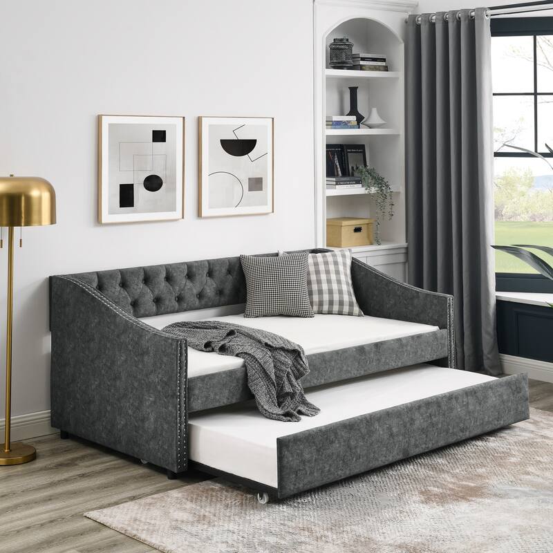 Roomfitters Twin/Full Upholstered Daybed with Twin Trundle, Tufted Backrest and Nailhead Trim, Elegant Waved Arms