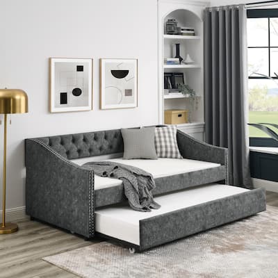 Twin Size Daybed with Twin Size Trundle Upholstered Tufted Sofa Bed,with Button on Back and Copper Nail on Waved Shape Arms