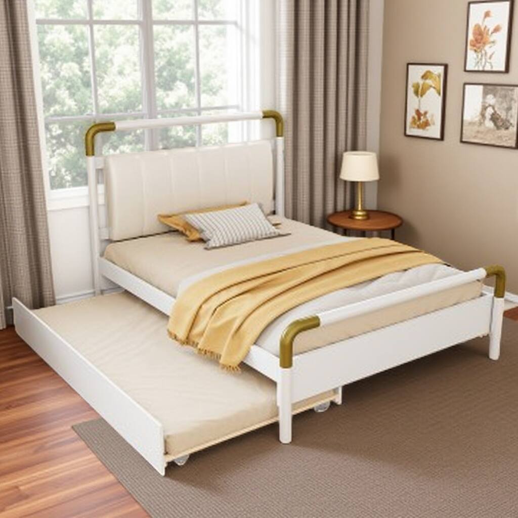 Queen Size Platform Bed with PU Backrest, Trundle Bed & 2 Storage Drawers
