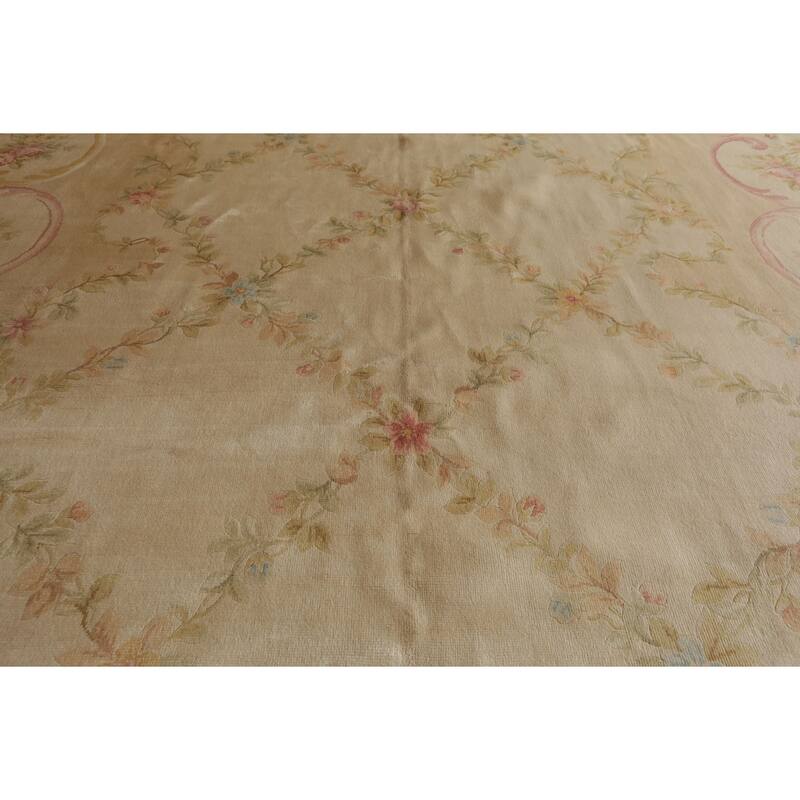 12x18 Hand Knotted Beige Silk Traditional Plush Pile Aubusson Savonnerie Rug - 12' x 18'
