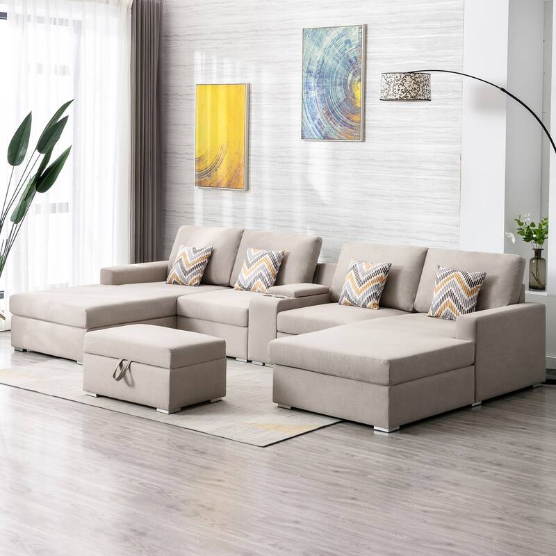 Linen Fabric 6 Piece U-Shaped Double Chaise Sectional Sofa with Interchangeable Legs and Storage Console Table