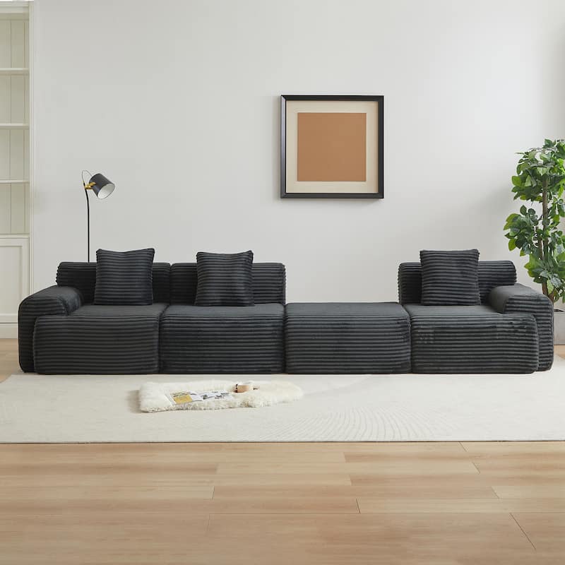 Inlaid Structural Sleeper Sectional Sofa Bed with Ottoman, Corduroy Modular Boneless Couch with Wider Armrests and Backrests