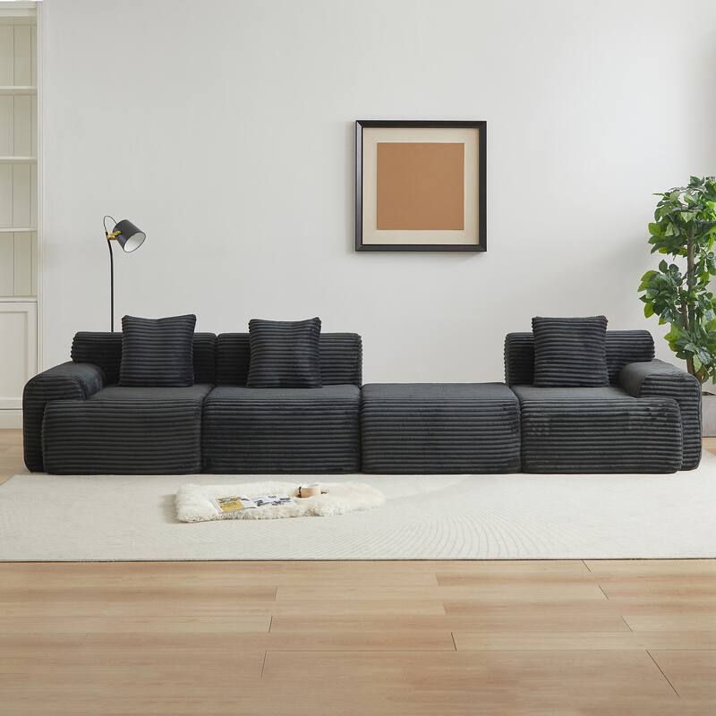 L-Shaped Modular Sectional Sofa with Ottoman, Corduroy Upholstered Boneless Couch, Deep Seat Sofa with Throw Pillows