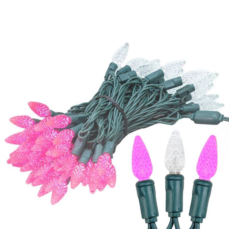 70 Light C6 LED Christmas Mini Light Set, Pink/Pure White, Green Wire, 24 Feet - Large