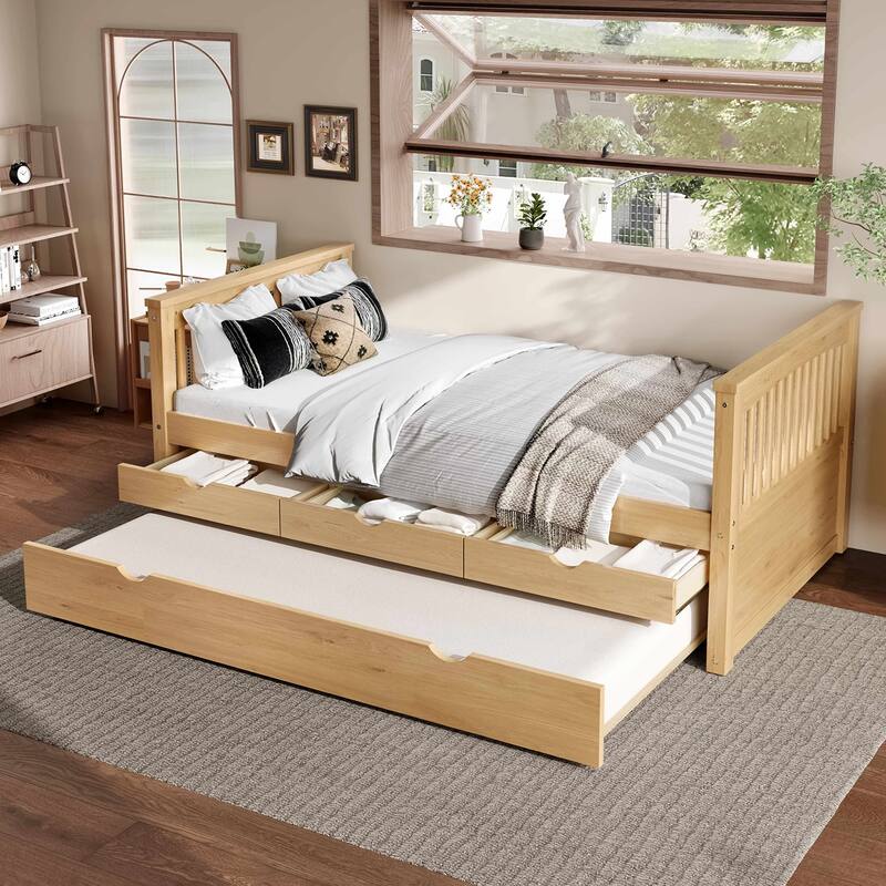 Twin Size Wooden Daybed with Trundle Bed and 3 Drawers, Solid Wood Platform Sofa Bed Frame, No Box Spring Needed