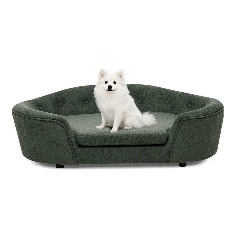 Oval Semi-Enclosed Dog Sofa, Durable Linen Material, Button-Tufted Backrest, High-Center Low-Sides Support Plush Comfort-Beige