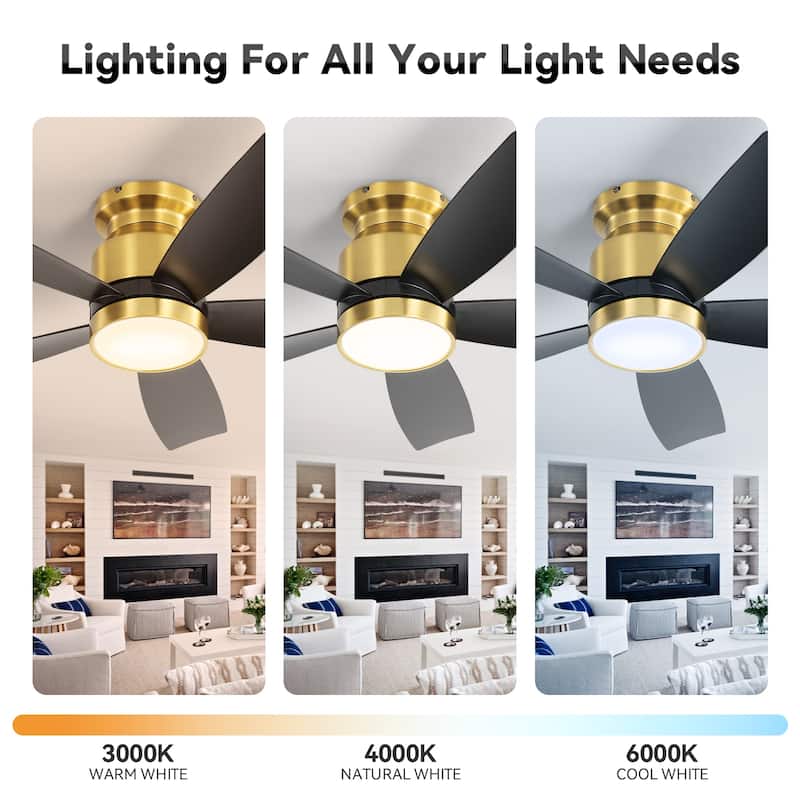 42 Inch Flush Mount Ceiling Fans with LED Light and Remote Control 5 ABS Fan Blades - Gold