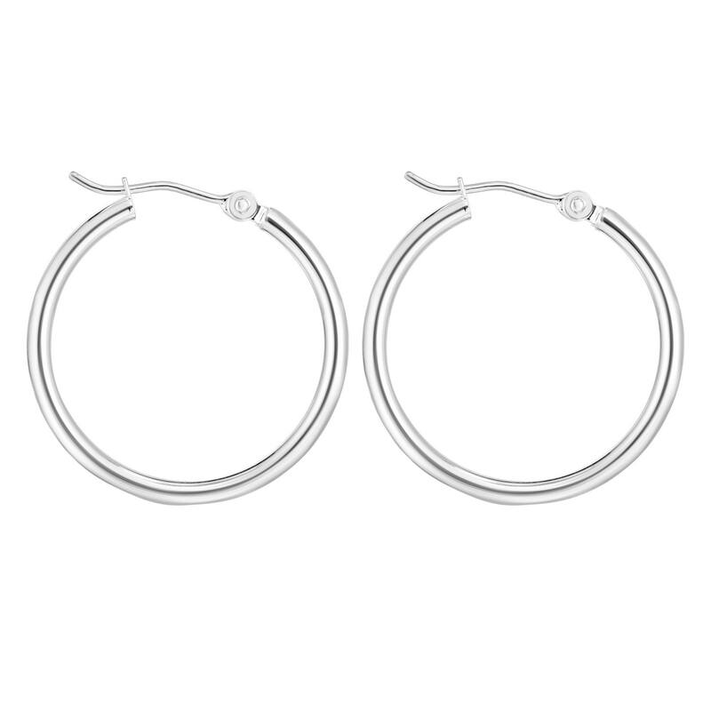 Curata 14k White Gold Shiny 2x25mm Round Tube Hoop Earrings With Hinged Clasp