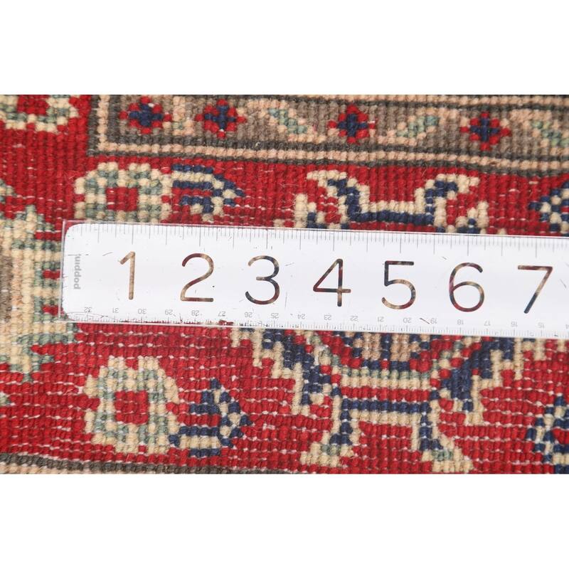 Geometric Kazak Accent Rug Hand-Knotted Beige Wool Carpet - 3'2" x 4'1"