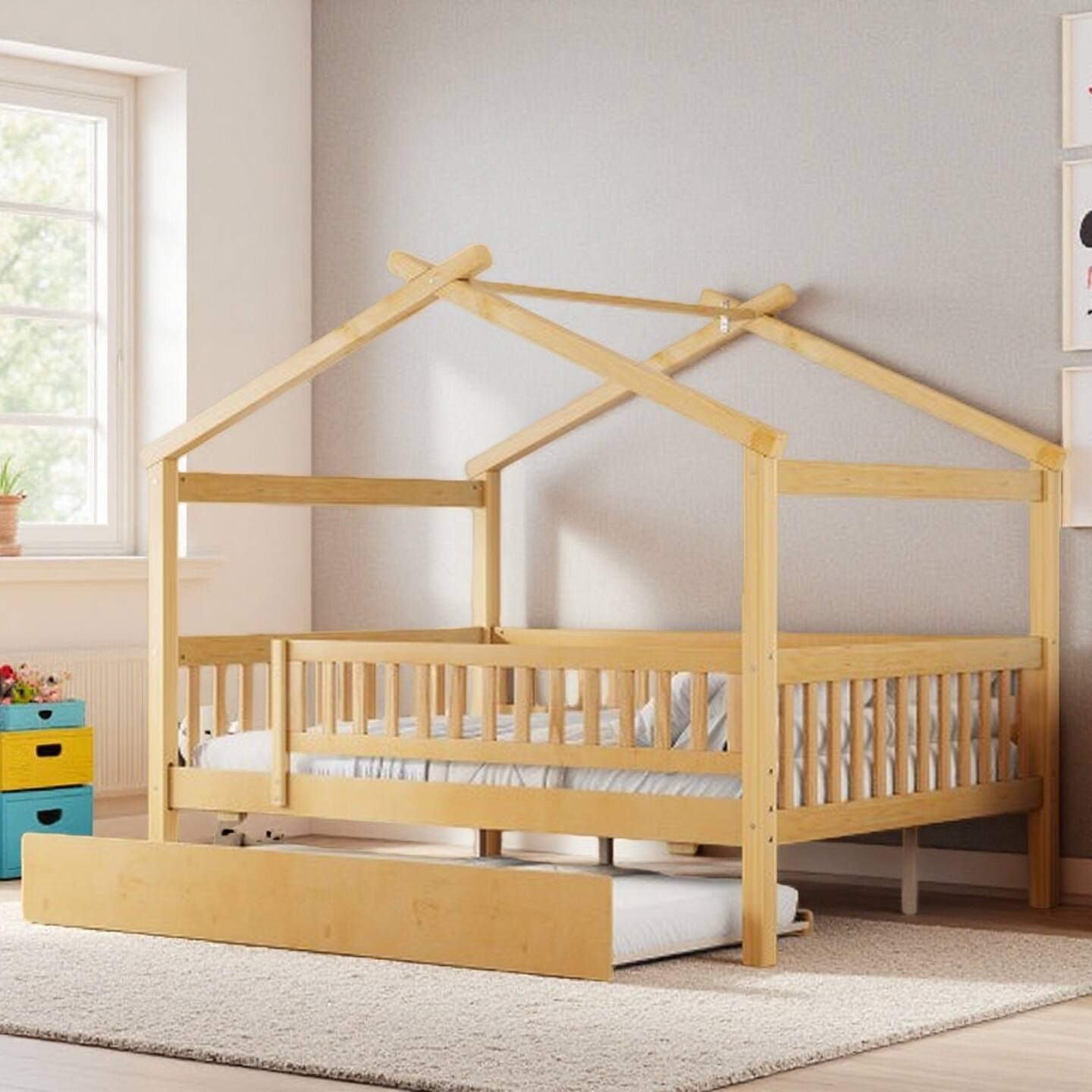 Twin House-Shaped Bed with Roll-Out Trundle, Solid Wood Frame and Whimsical Roof