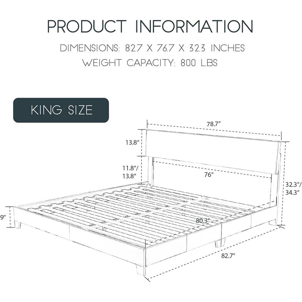 King Size Platform Bed Frame with Adjustable Headboard, Black Bed