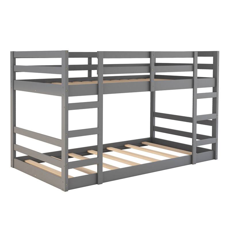 Multi-Functional Bunk Bed with 2 Built-in Ladder, Solid Wood Bed Frame, Low Bunk Beds with Safety Guardrail for Kids Boys Girls - Gray - Twin