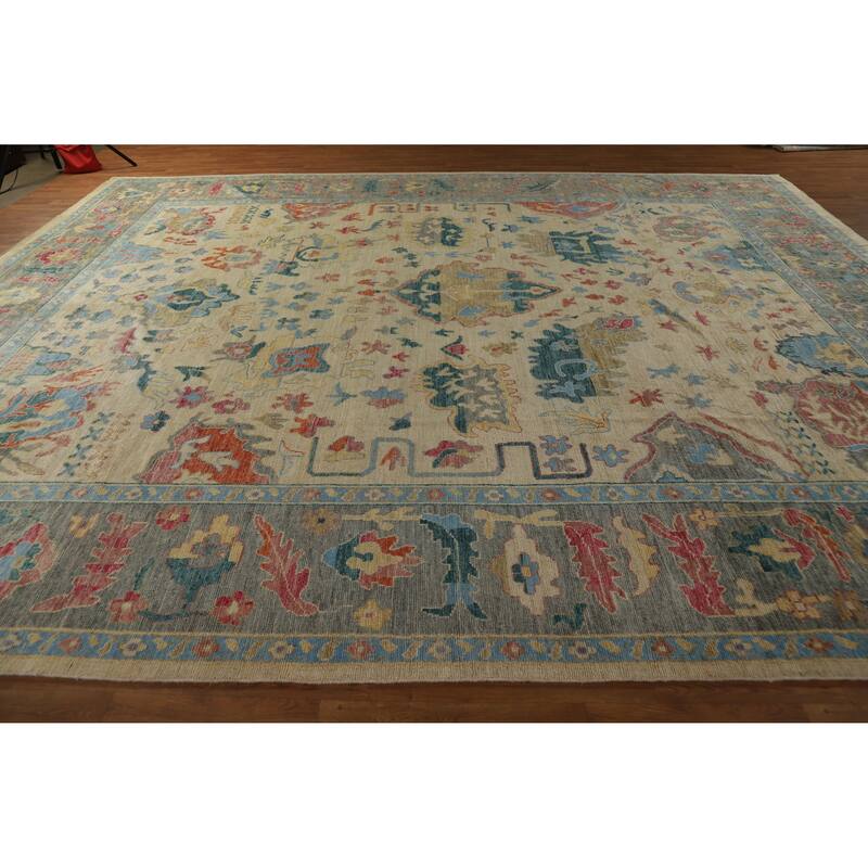 Hand Knotted Oriental 100% Wool Carpet Transitional All-Over Beige & Ivories Oushak Area Rug - 14' 11'' X 12' 0''