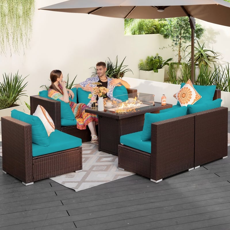 FINCATI Outdoor Wicker Patio Furniture Conversation Sectional Sofa Set - 7 PCS-A - Teal