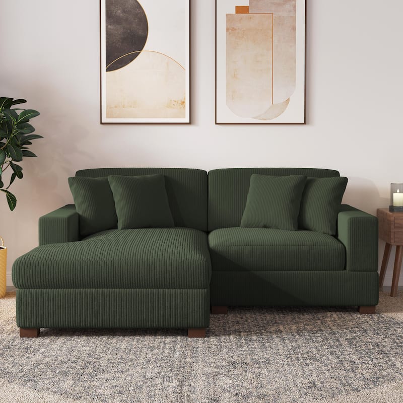 Modern L-Shaped Corduroy Modular Sectional Couch Sofa with Pillows - Green-R - Left Facing