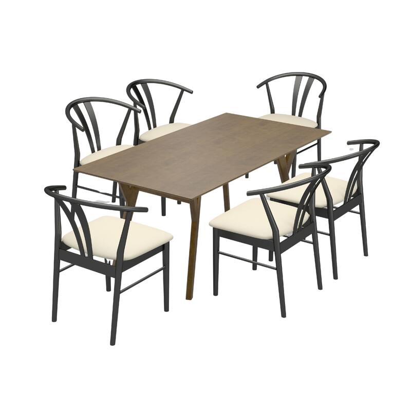 Roundhill Furniture Lavin Modern 7-Piece Dining Set, Walnut Finished Dining Table with 6 Curved Back Chairs