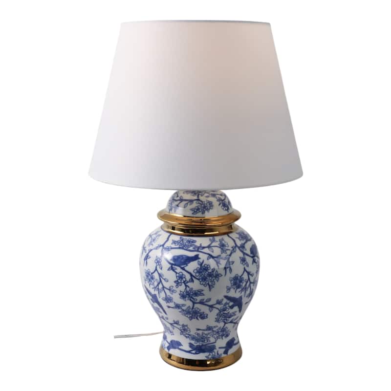 Ceramic Table Lamp Floral Bird Print with Accent Glam Decor - 19" Blue - 12" x 12" x 19"