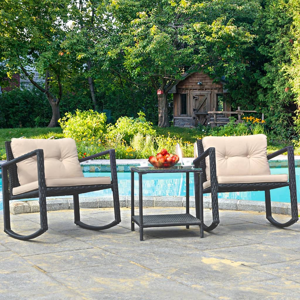 Gymax 3PCS Rattan Rocking Chair Table Set Patio Furniture Set w/
