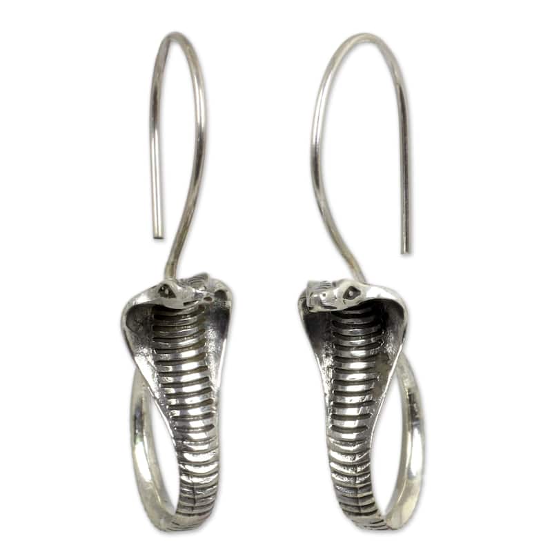 NOVICA Cobra Guardian Detailed Snake Elongated Hook 925 Sterling Silver Animal Theme Handmade Artisan Women's Dangle Earrings - White