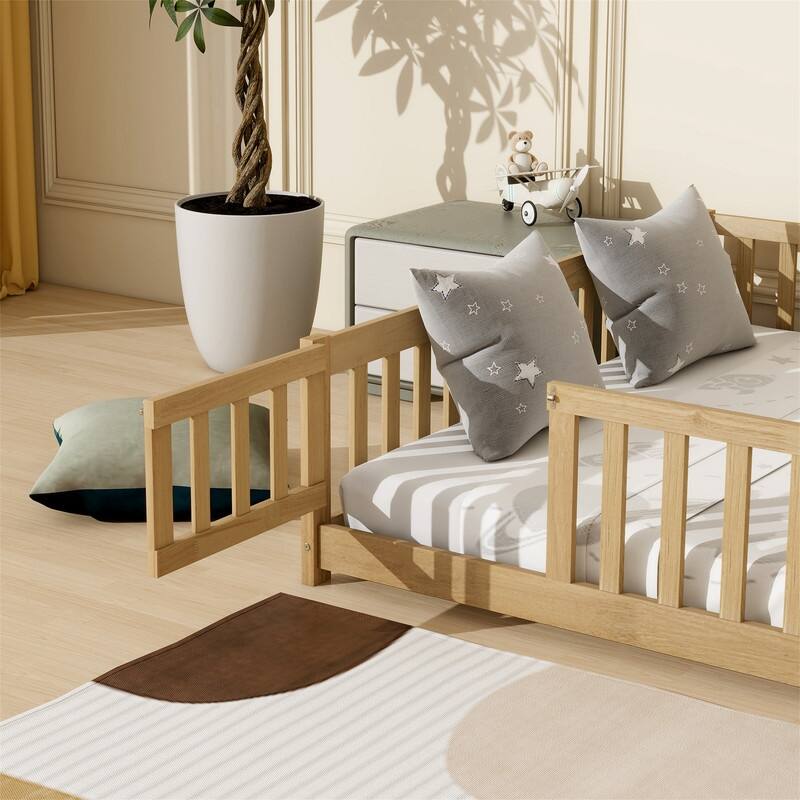 Twin/Full/Queen Size Floor Bed with Fence Guardrails and Door, Rubber Wood Toddler Bed Montessori Bed with Slats Support