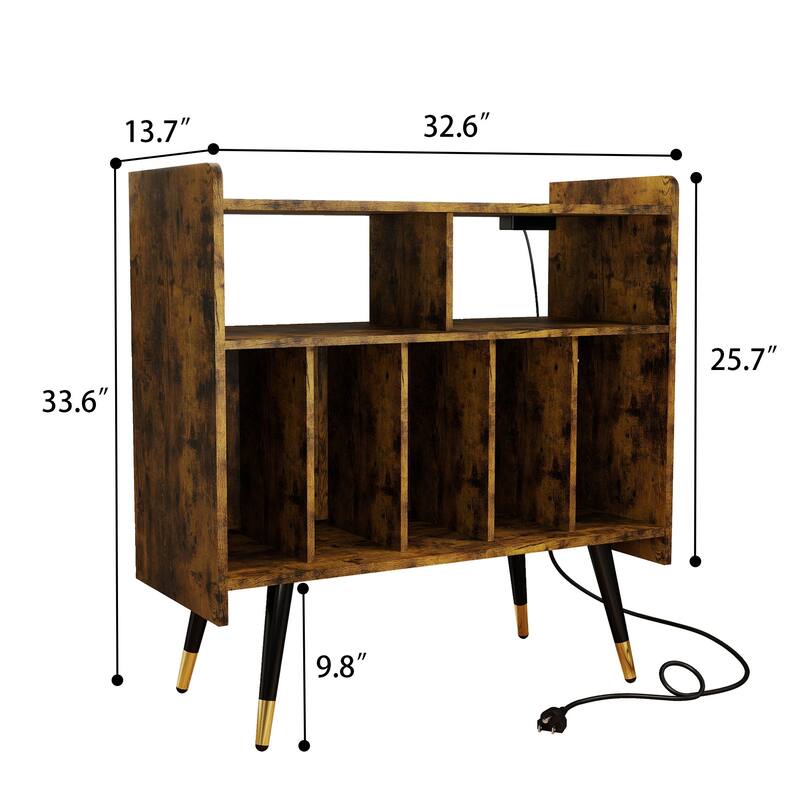 Retro Vinyl Stand with Charging Hub, Record Player Stand with Power Outlet and USB Ports
