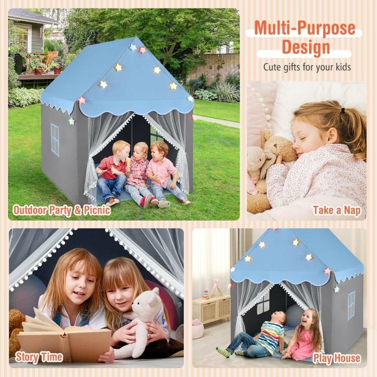 Kids Playhouse Tent with Star Lights and Mat-Blue - 41.5" x 48" x 53.5" (L x W x H)