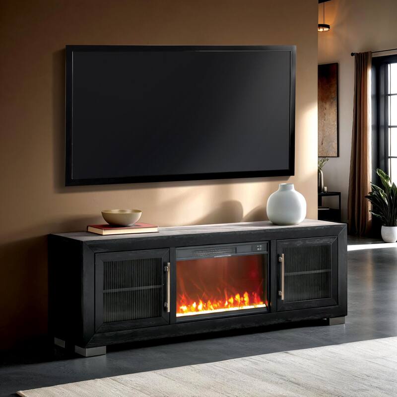 Furniture of America Alaric Modern Black Solid Wood 3-Piece Bedroom Set with 72-inch Fireplace TV Stand and Nightstand