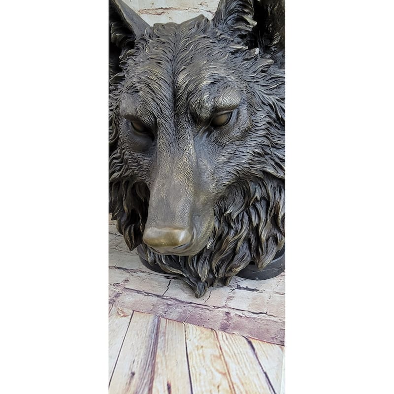 Wall Mounted Hanging Wolf Head Bust Bronze Sculpture Decor Signed Original Art