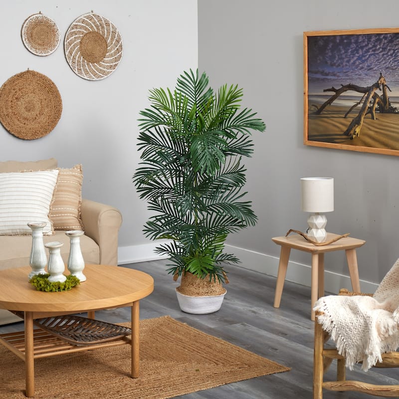 Artificial Palm Tree 5ft Indoor Outdoor - Boho Chic Tree with Woven Planter - Faux Tropical Decor - Green