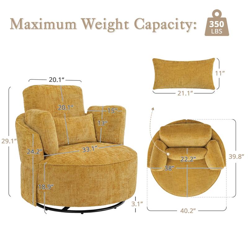 Modern 40.''W Upholstered Comfortable Swivel Barrel Accent Chair with Pillows