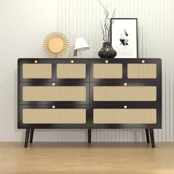 6 Drawer Modern Rattan Dresser Chest with Wide Drawers,Metal Handles ...