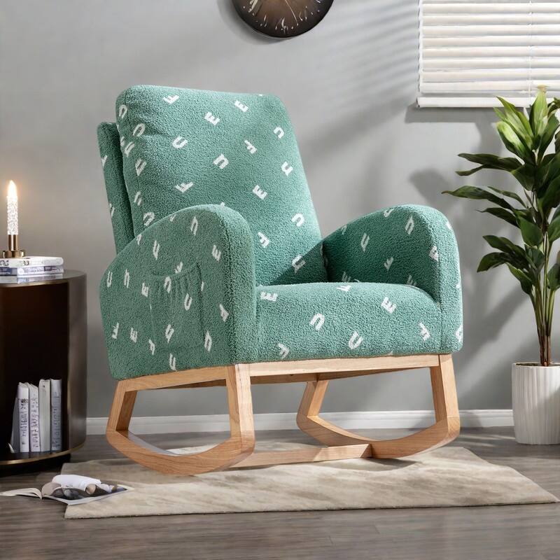 Boucle Fabric Rocking Chair with High Back, Side Pocket and Solid Wood Frame - Green