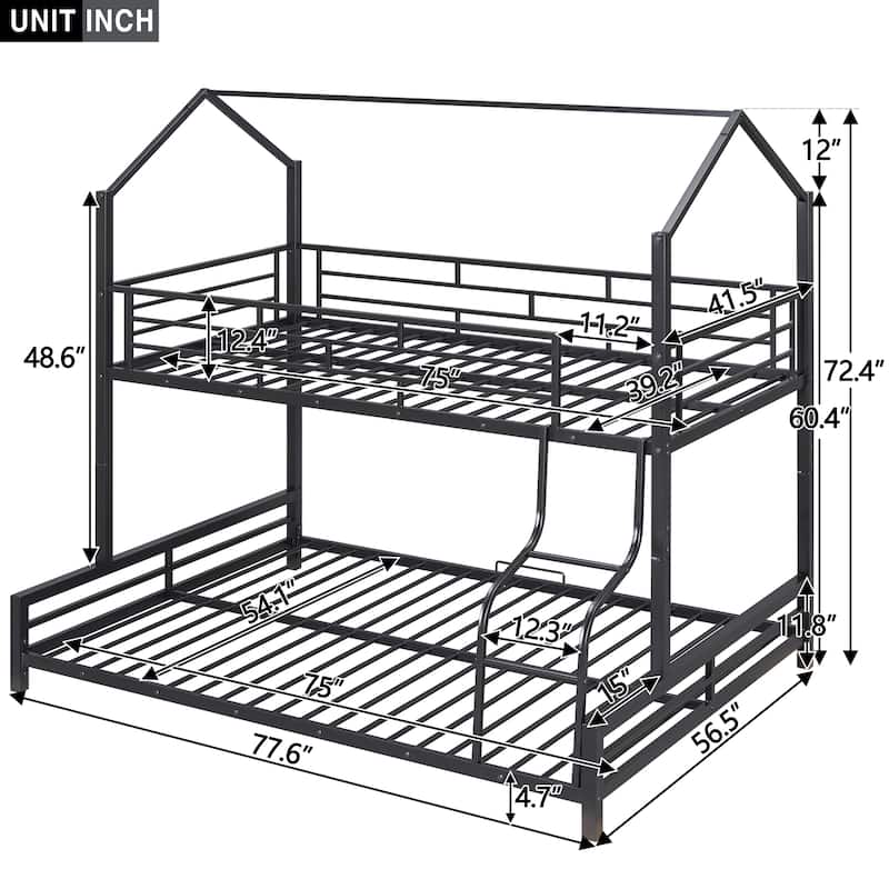 Metal House Bunk Bed with Roof, Ladder, and Fence for Kids