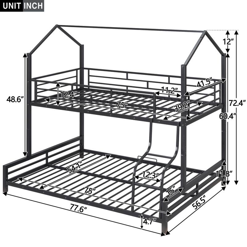 Metal House Bunk Bed with Roof, Twin over Full Size Detachable Bunk Bed Frame, Heavy Duty Metal Bed Frame with Ladder
