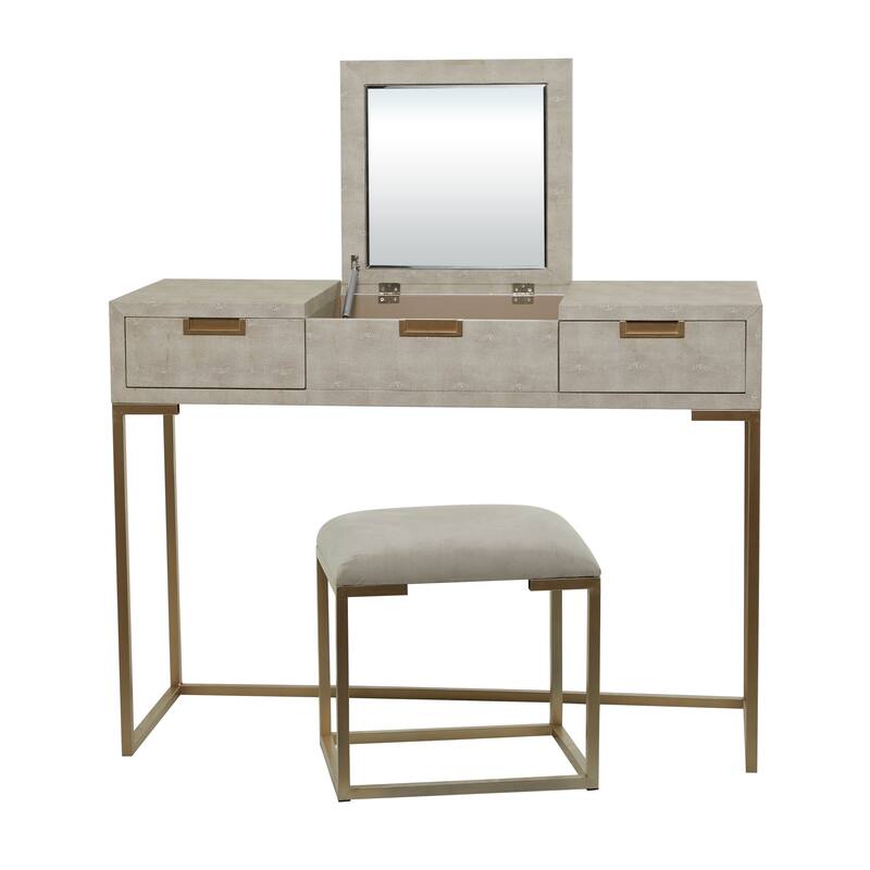 Light Gray Wood Vanity with Stool with Hidden Mirror