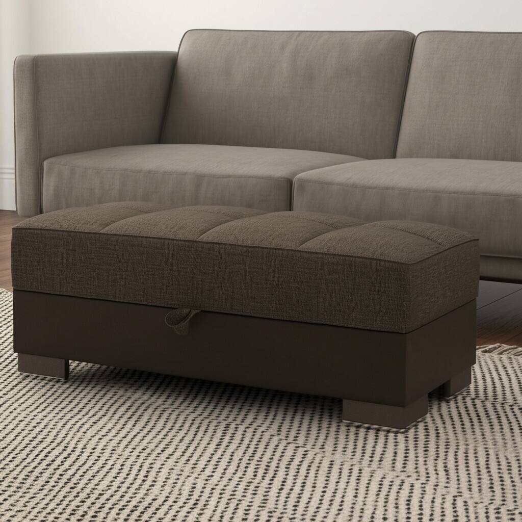 HomeRoots 50" Brown and Black Upholstered Fabric And Faux Leather Tufted Storage Ottoman