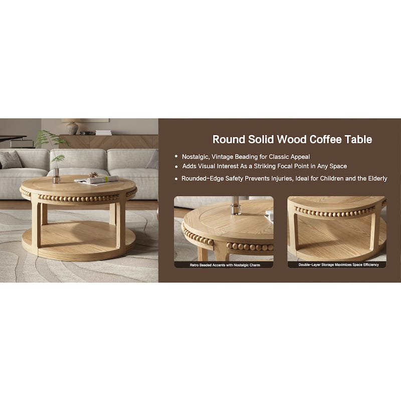 Roomfitters 31.5" Round Solid Wood Coffee Table, 2 Tier Thickened Center Table for Living Room