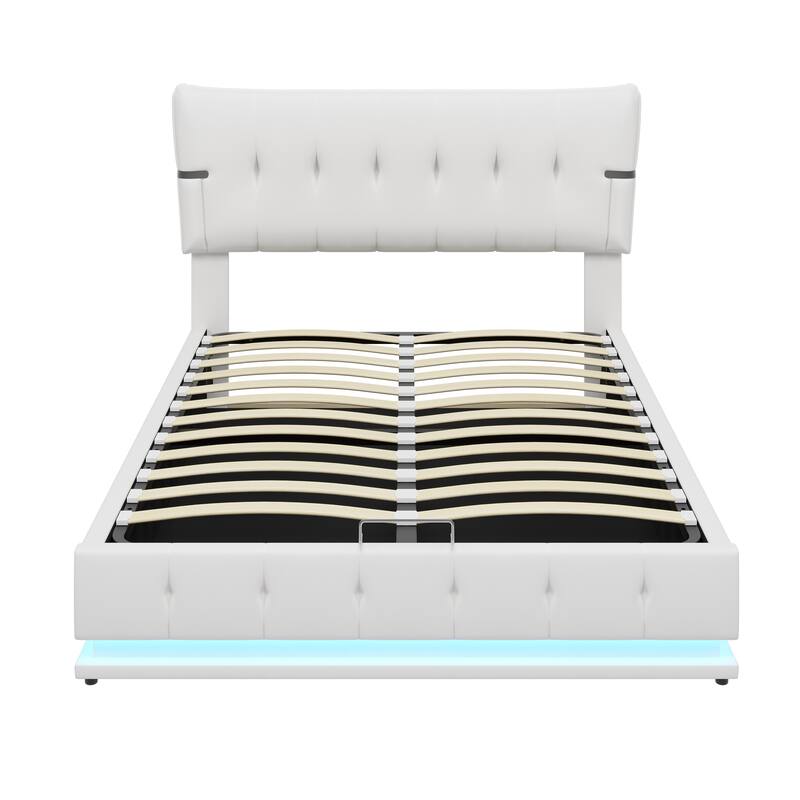 Grounded Bed Upholstered Platform Bed w/ Storage Underneath, White Full