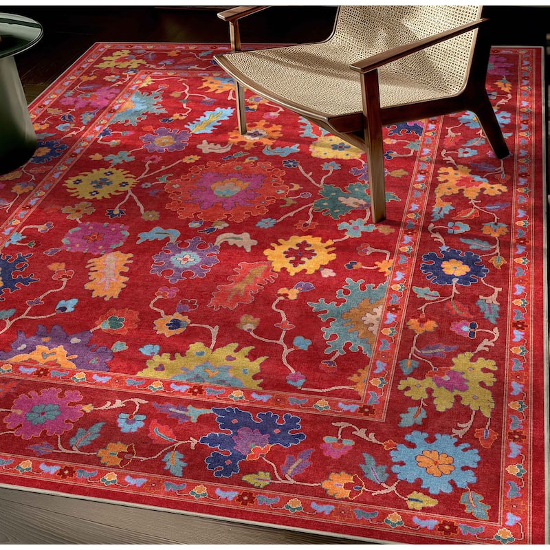 Well Woven Ushak Bodrum Modern Vibrant Floral Flat-Weave Area Rug - 5'3" x 7'3" - Red