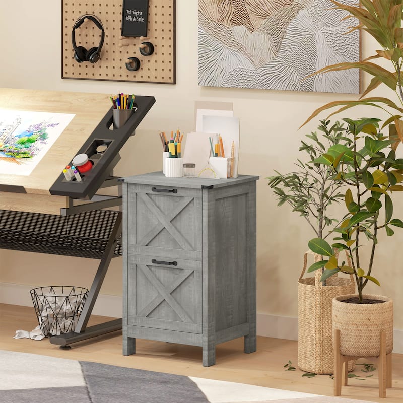 HOMCOM 2 Drawer Vertical File Cabinet with Silent Slides,Farmhouse Filing Cabinet with Barn Doors for A4/Letter Size