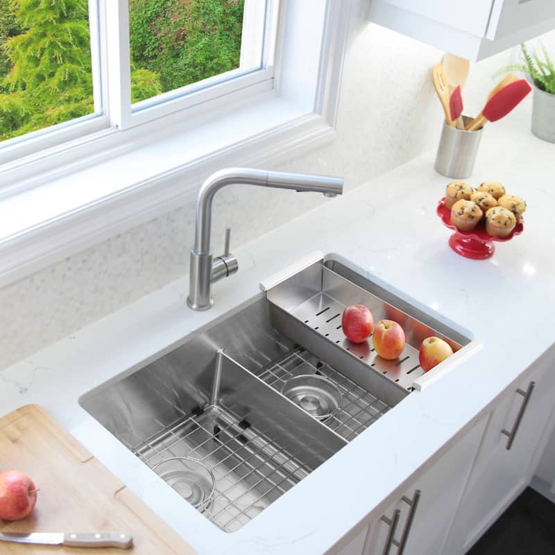 STYLISH 32 inch L x 18 inch W Stainless Steel Double Basin Low Divider Undermount Kitchen Sink with Grids and Strainers
