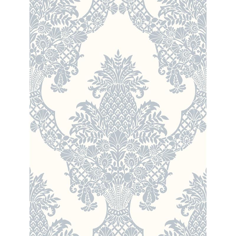 Franconville Periwinkle/White Sure Strip Prepasted Damask Pineapple Plantation Wallpaper Covers about 60.75 sq. ft. - Periwinkle/White