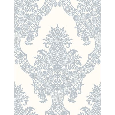 Franconville Periwinkle/White Sure Strip Prepasted Damask Pineapple Plantation Wallpaper Covers about 60.75 sq. ft.