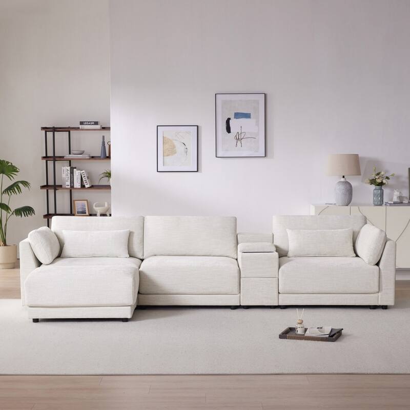 124'' Modular Chenille Sectional Sofa with Storage Console and Movable Ottoman, USB Charger for Living Room